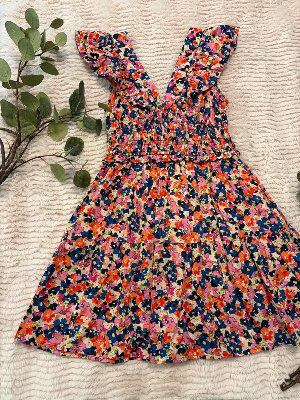GAP Floral Mini Dress in Navy, Pink & Orange Cotton size Small petite  like new